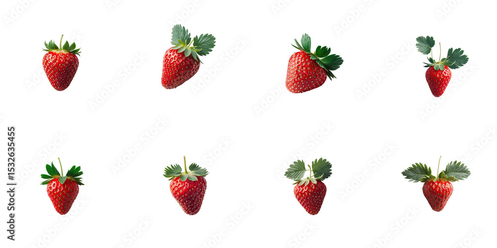 Poster collection of fresh red strawberries with green leaves arranged on a transparent background demonstr