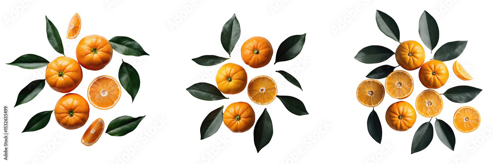 Aufkleber composition of whole tangerines and sliced segments surrounded by green leaves arranged on a solid t