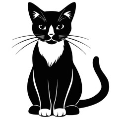 Front view silhouette of a sitting cat with straight ears, white background