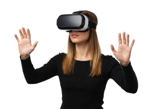 Isolated Woman Wearing VR Headset Raising Hands