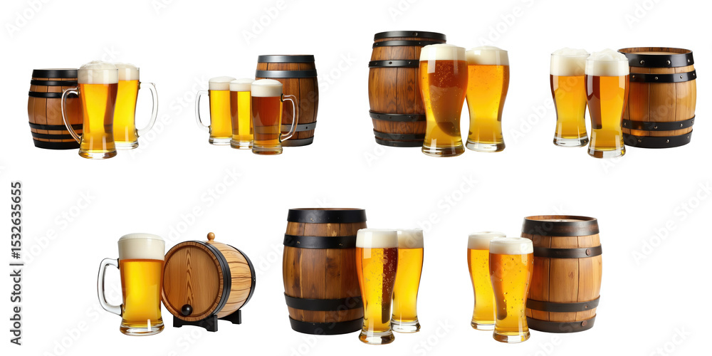 Poster collection of wooden barrels and various beer mugs featuring cold beer with foam isolated on transpa
