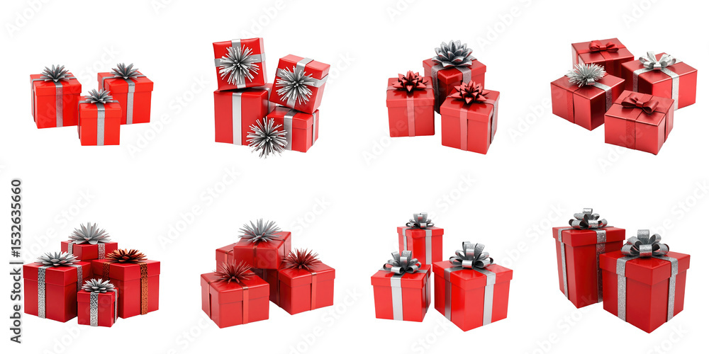 Poster collection of red gift boxes adorned with silver bows and tinsel arranged on a transparent backgroun