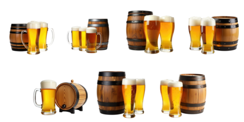 Collection of wooden barrels and various beer mugs featuring cold beer with foam isolated on transparent background with transparency for design use