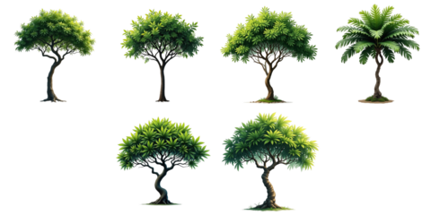 Collection of six tropical trees with varying shapes and leaf patterns on a transparent background for use in design projects and nature-themed illustrations.