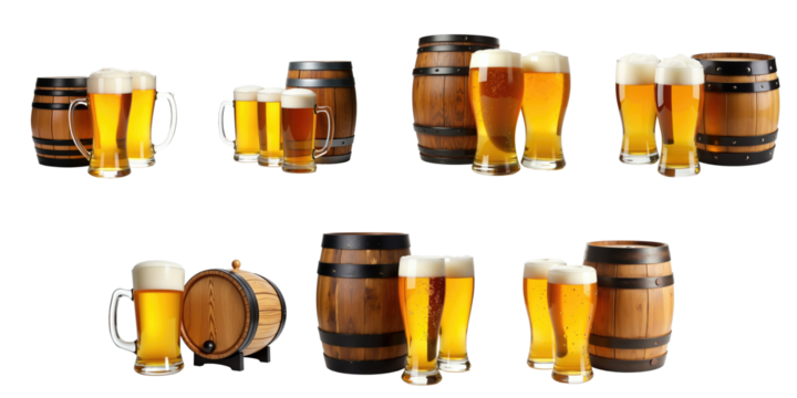 Collection of wooden barrels and various beer mugs featuring cold beer with foam isolated on transparent background with transparency for design use
