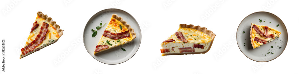 Aufkleber slice of bacon and cheese quiche arranged in various angles on different plates against a transparen