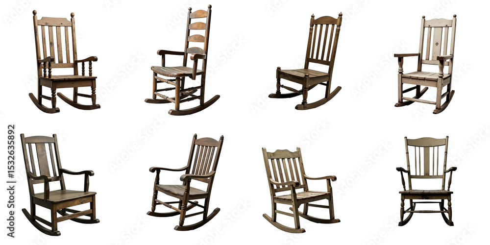 Poster collection of empty rustic wooden rocking chairs isolated on transparent background showcasing vario