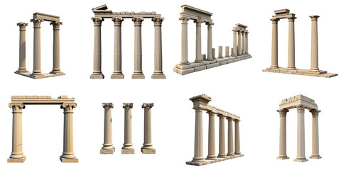 Collection of ancient Roman architecture elements including various styles of columns and pillars arranged on a transparent background in detailed view for artistic representation