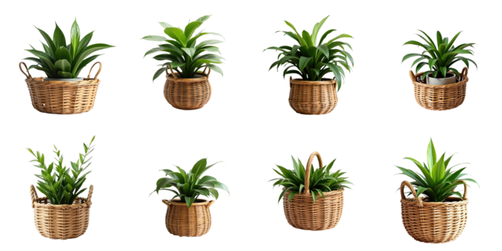 Set of eight wooden baskets with various indoor plants arranged on a transparent background highlighting home and garden decor options for interior styling and design.