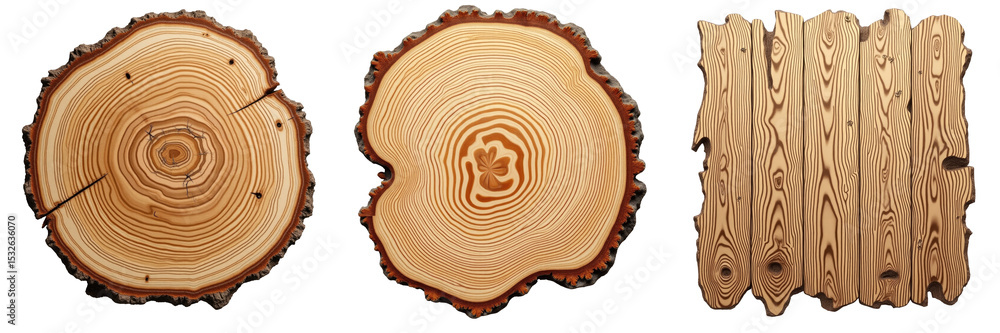 Poster close-up view of three distinct wood textures featuring cross sections of tree trunks with visible g