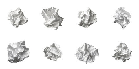 Crumpled white paper balls arranged in a grid on a transparent background isolated with transparency showcasing various shapes and textures ideal for graphic design or conceptual presentations