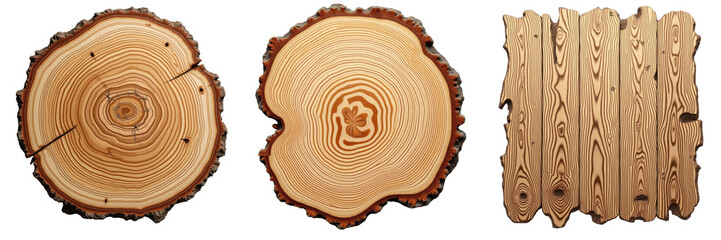 Close-up view of three distinct wood textures featuring cross sections of tree trunks with visible growth rings and a plank background, isolated on transparent background.