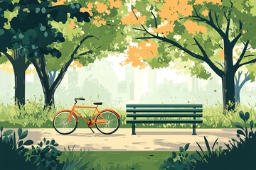 Whimsical illustration of bicycle resting beside green park bench, framed by abstract trees and lush grass in serene outdoor setting