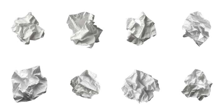 Crumpled white paper balls arranged in a grid on a transparent background isolated with transparency showcasing various shapes and textures ideal for graphic design or conceptual presentations