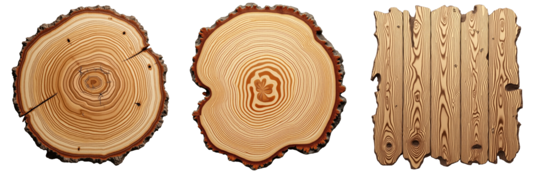 Close-up view of three distinct wood textures featuring cross sections of tree trunks with visible growth rings and a plank background, isolated on transparent background. - Powered by Adobe