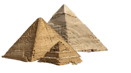 three ancient egyptian pyramids isolated on white background PNG. AI GENERATED