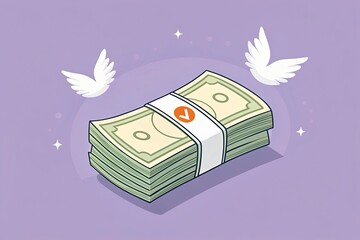 Stacked Dollar Bills with White Band on Light Purple Background With Wings Decor