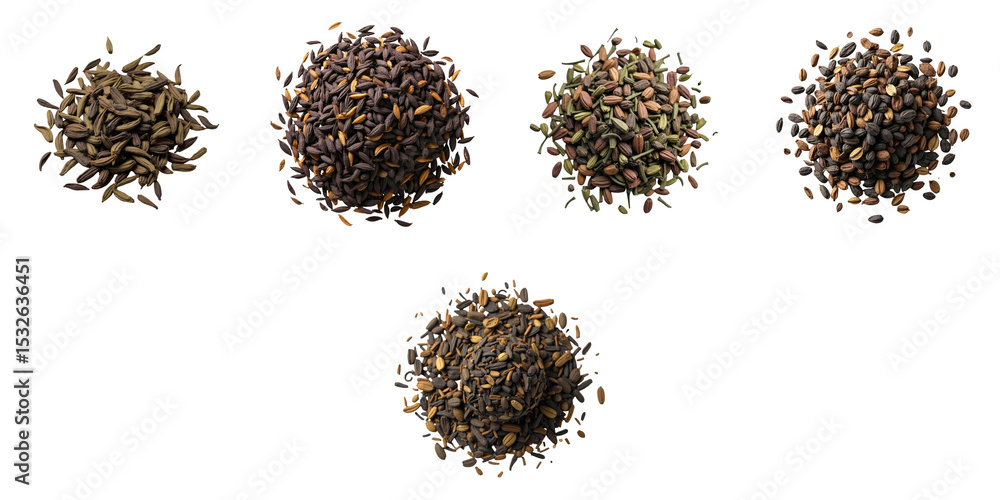 Poster assorted dry tea leaves and spices arranged in circular piles isolated on transparent background hig