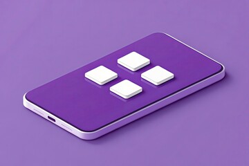 Purple Smartphone Isometric View with Four White Square Icons Displayed Centrally