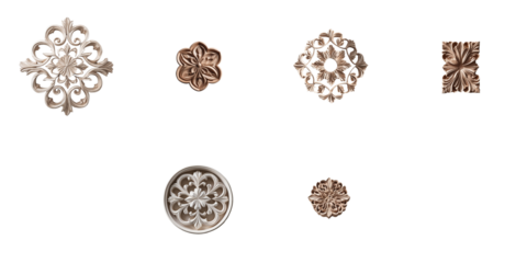 Set of intricately carved wooden patterns displayed on a transparent background featuring various decorative motifs and designs in multiple shapes and sizes.
