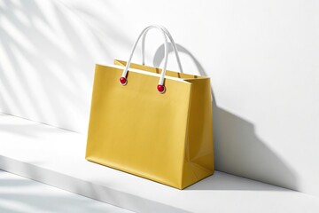Stylish Gold Shopping Bag with Rope Handles Against White Wall with Shadow Light