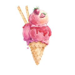 Ice cream in a waffle cup with strawberries watercolor