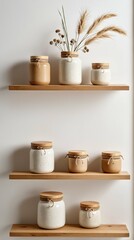 Modern rustic home decor featuring textured ceramic containers, wooden lids, and pampas grass in stylish vases on floating wooden shelves.
