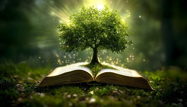 A mystical tree grows from an open book.