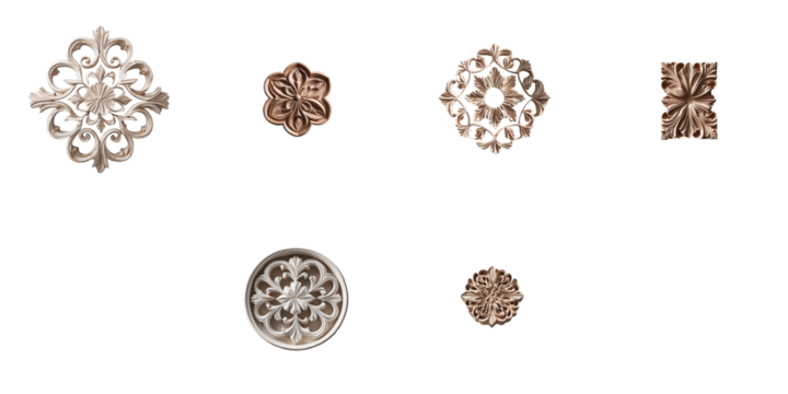 Set of intricately carved wooden patterns displayed on a transparent background featuring various decorative motifs and designs in multiple shapes and sizes.