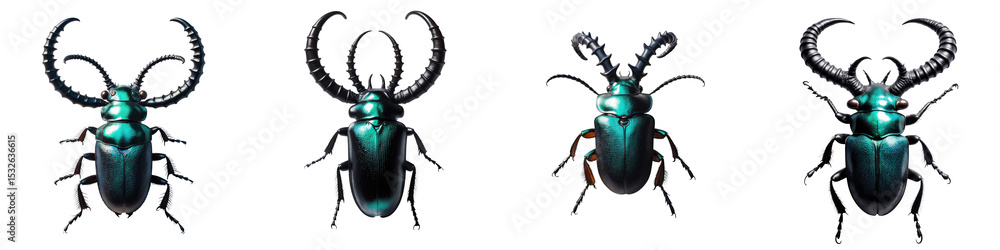 Poster horned stag beetles on transparent background displaying multiple angles and varied antler shapes wi
