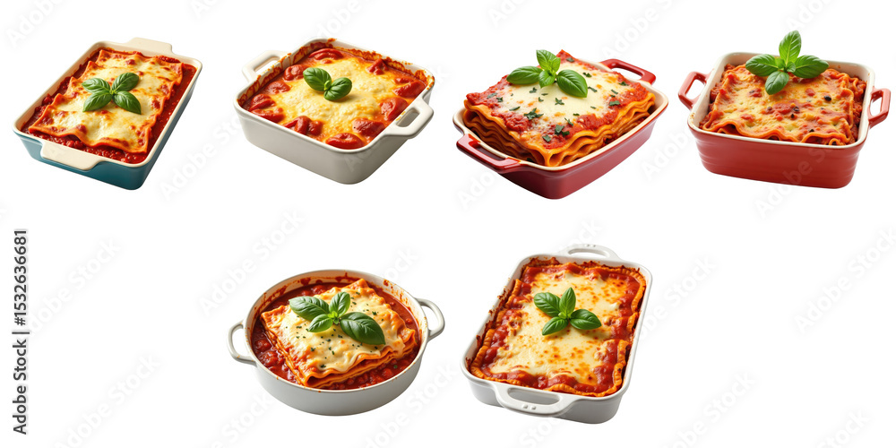 Aufkleber assorted baked lasagna dishes with fresh basil garnish arranged on a transparent background culinary