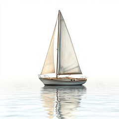 Fototapeta premium Sailboat on Calm Water: A graceful sailboat glides effortlessly upon a serene expanse of water, its white sails billowing gently in the breeze, creating a scene of peace.