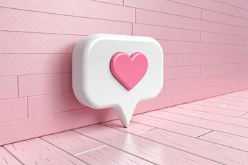 White 3D Speech Bubble with Pink Heart Shape against Pink Wooden Background Design