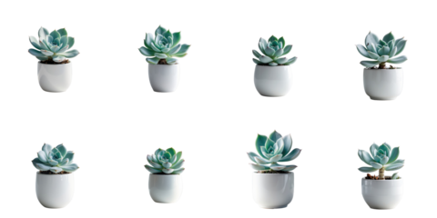 Echeveria succulent plants displayed in various white pots isolated on a transparent background highlighting their intricate leaves and unique shapes arranged in a grid format