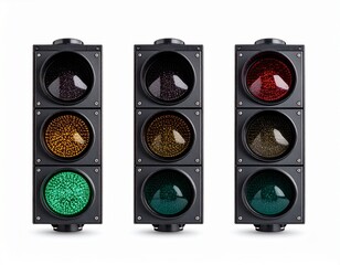 Three sets of LED traffic lights showing red, amber or green lights.