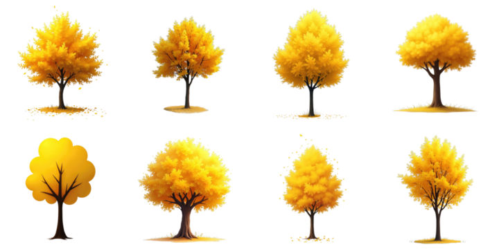 variety of stylized yellow trees displaying distinct shapes and leaf structures arranged on a transparent background for graphic design and illustration purposes