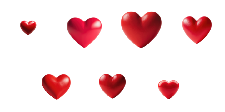 Collection of various red hearts in different sizes isolated on a transparent background suitable for design and digital projects featuring love and affection themes - Powered by Adobe