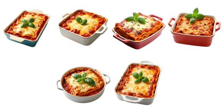 Assorted baked lasagna dishes with fresh basil garnish arranged on a transparent background culinary presentation close-up from multiple angles