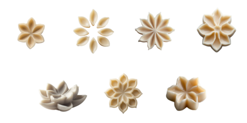 decorative soap shaped like small floral petals arranged in various designs isolated on a transparent background showcasing intricate craftsmanship and detail