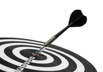 Isolated Dart Hitting Bulls Eye on Dartboard