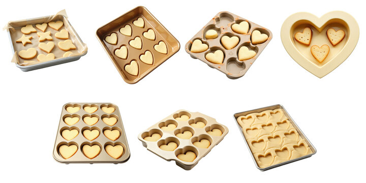 Various trays filled with raw cookie dough in different heart shapes isolated on a transparent background, depicting baking preparation for heart-shaped cookies in multiple molds.