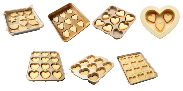 Various trays filled with raw cookie dough in different heart shapes isolated on a transparent background, depicting baking preparation for heart-shaped cookies in multiple molds.