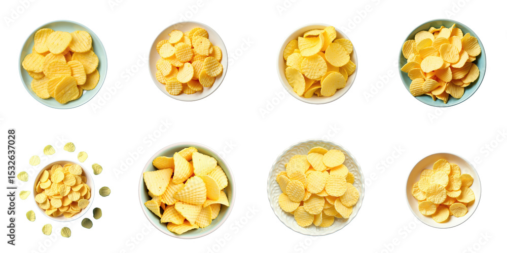 Poster assorted bowls of potato chips displayed from above on a transparent background featuring various sh