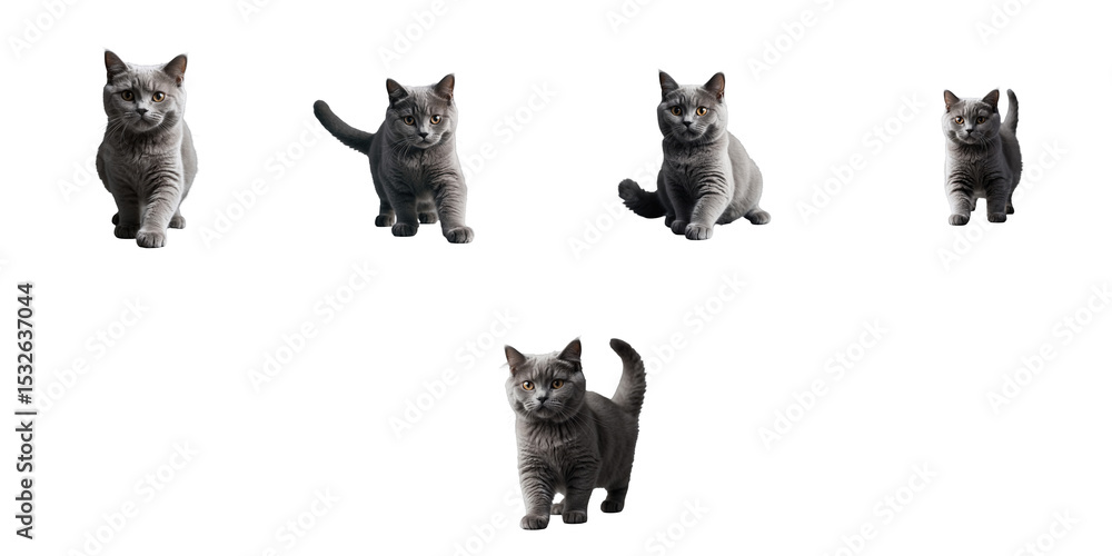 Aufkleber scottish fold gray cat in various playful poses set against a transparent background, showcasing dis