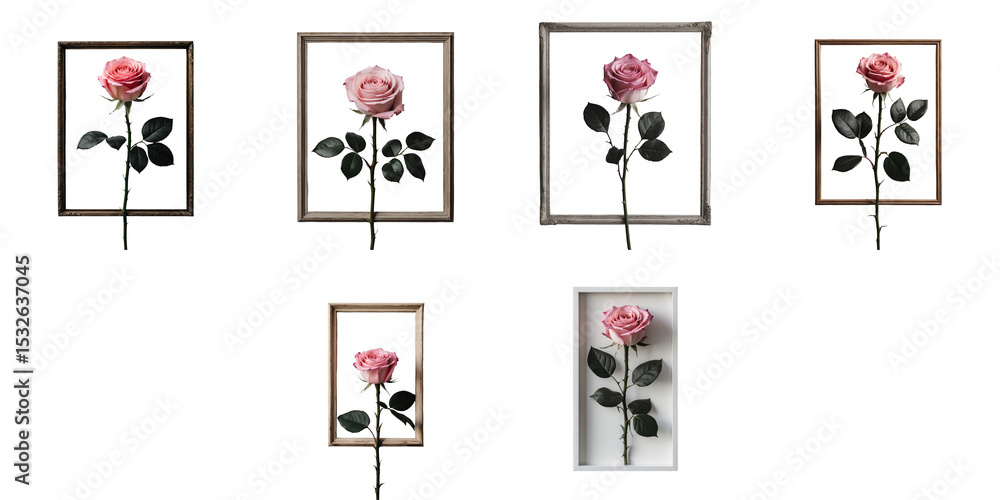 Poster collection of pink roses displayed in various decorative frames on a solid transparent background fe