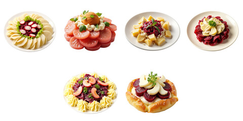 Fototapeta premium Assorted traditional Russian salads including herring under fur coat, featuring ingredients like beets, potatoes, and mayonnaise displayed on plates with a transparent background.