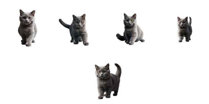 Scottish Fold gray cat in various playful poses set against a transparent background, showcasing distinct features and expressions of the breed.
