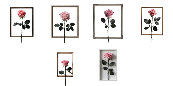 collection of pink roses displayed in various decorative frames on a solid transparent background featuring transparent layers for isolated presentation