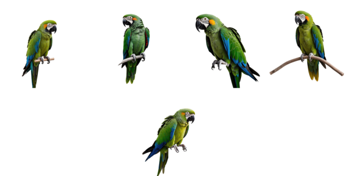 Multiple Green Parrots isolated on transparent background showcasing various poses on branches and perched, featuring vibrant green and blue feathers with distinctive facial markings