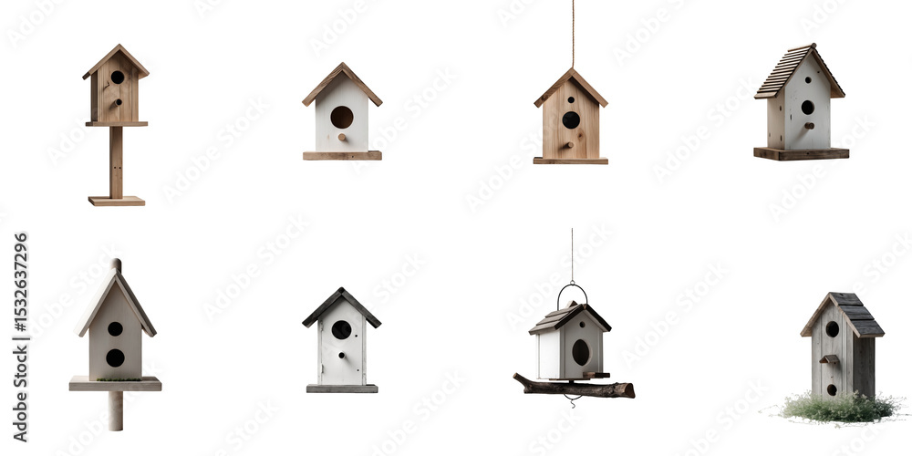 Poster collection of various birdhouses in different designs and colors displayed on a transparent backgrou